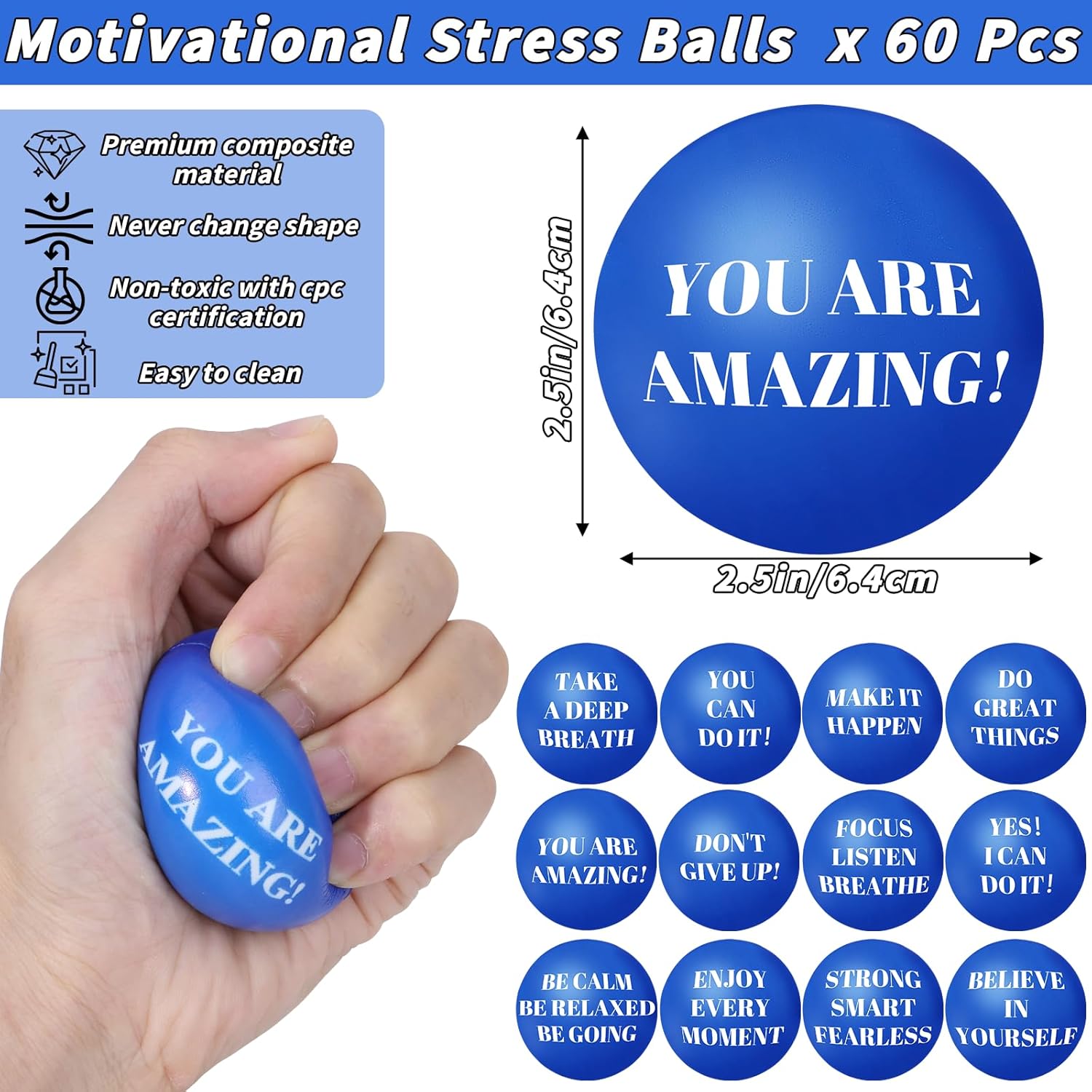 96 Pieces Motivational Stress Balls 2 Inch Inspirational Stress Relief Ball Bulk Hand Exercise Balls Encouraging Blue Foam Balls Anxiety Small Balls with Quotes for Kids Adults Teens, 12 Styles
