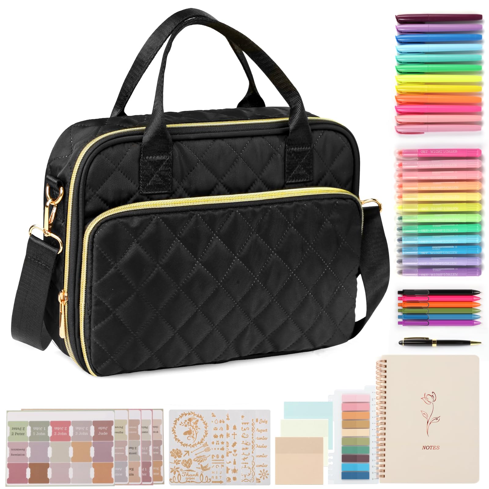 BellaHold All-in-One Bible Journaling Kit – Quilted Bible Cover Case for Women, 31 Highlighters, 75 Tabs, Bible Study Supplies & Christian Gift for