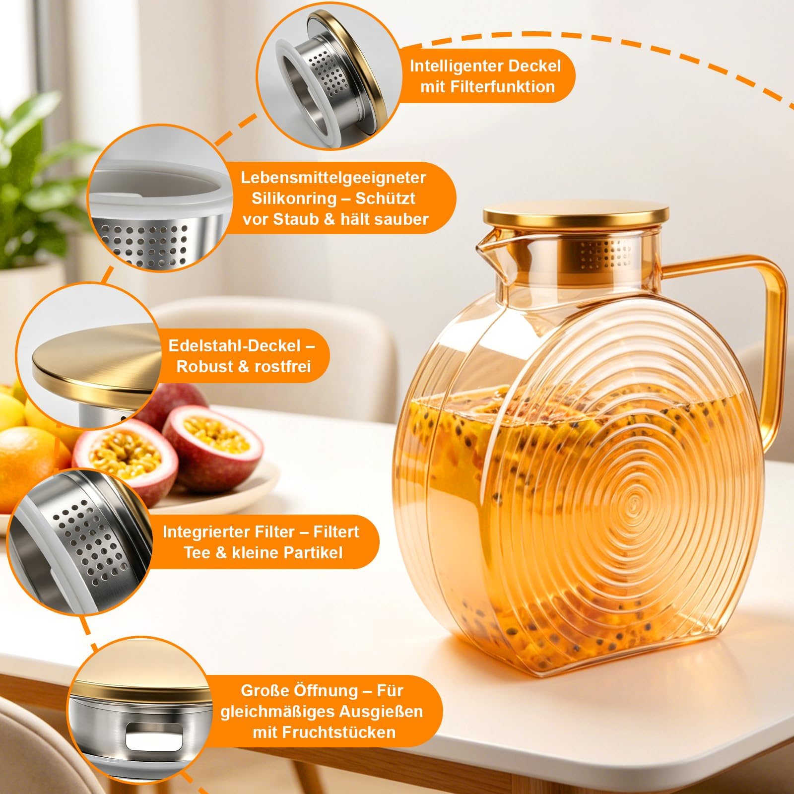 2,5 L Wasserkaraffe Borosilikatglas mit Edelstahldeckel Champagner | Glaskaraffe aus Borosilikatglas, Für Heiß- und Kaltgetränke, ideal für Eistee und passend in die Kühlschranktür