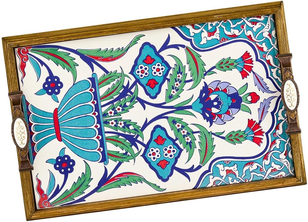 Large Mexican Talavera Turkish Wood Ceramic Tea Coffee Table Serving Tray Handles Decorative Home Decor Bar Vintage Dresser Wedding Rectangle Ornate Fancy Antique Luxury Tray Kitchen Bed Breakfast