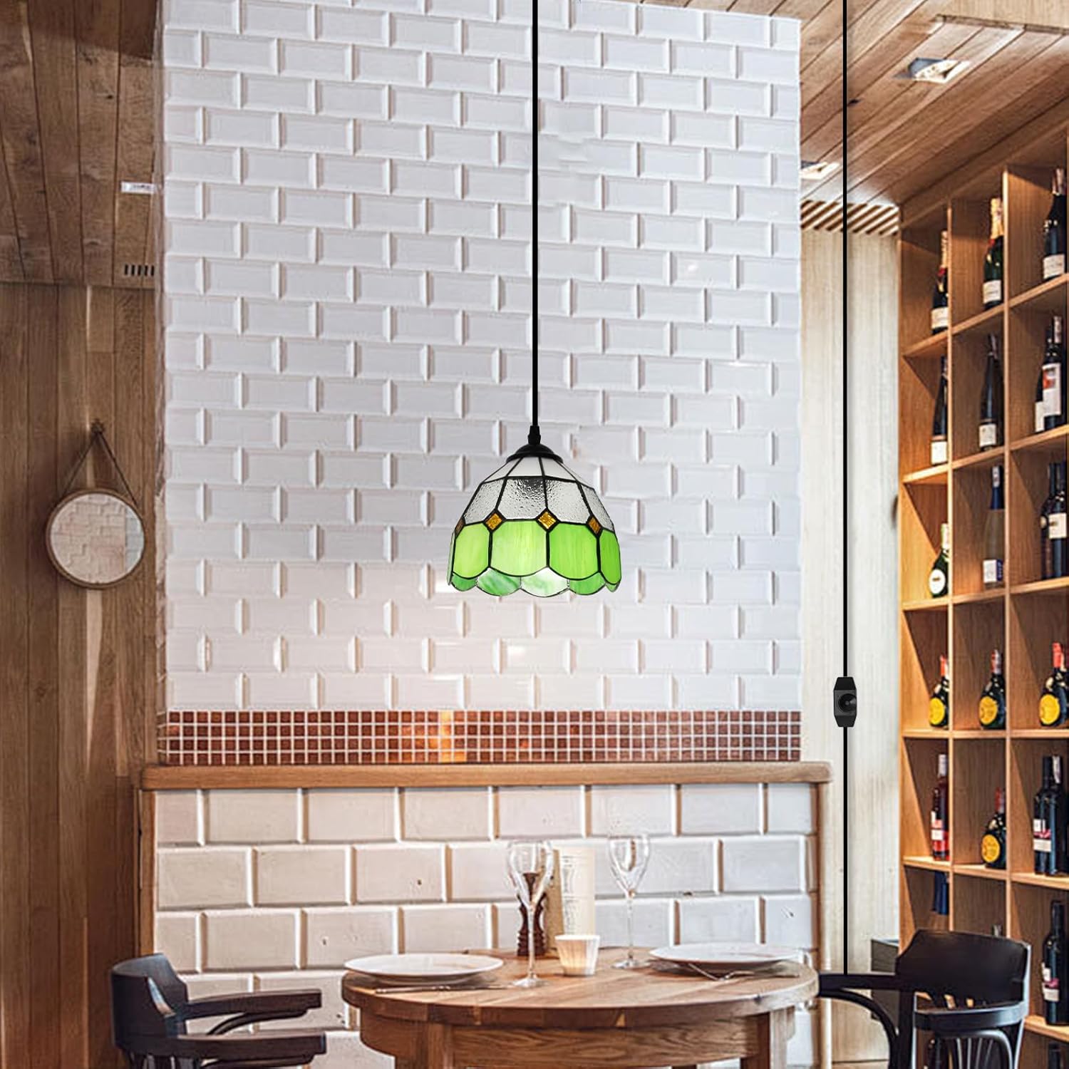 HuisMier Tiffany Style Plug in Pendant Light, Green Mini Chandelier with 15 Ft Hanging Cord and On/Off Dimmer Switch, Vintage Swag Ceiling Lamp for Dining Room Bedroom Living Room Porch, 7.9" Width