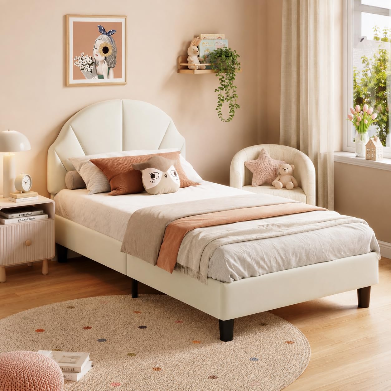 PerGar 3ft Single Bed, Beige Velvet Kids Upholstered Bed Frame