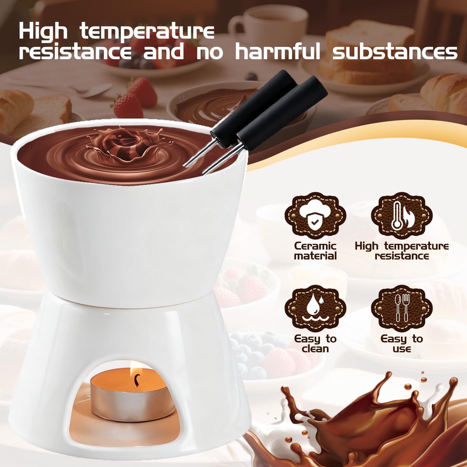 Set à Fondue Au Chocolat,Service à Fondue en Céramique Compatible Lave-Vaisselle,Comprend 2 Fourchettes et Un Petit Chandelier,Convient pour Les Repas en Famille, Fromage, Chocolat