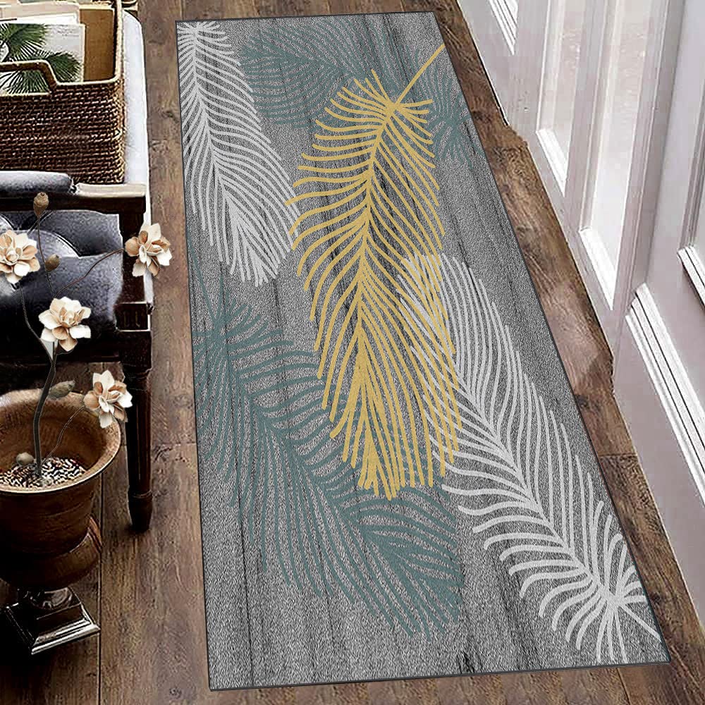 Teppich Läufer Flur Küche rutschfest Waschbar Grau Schmutzfangläufer Feder-Muster Teppichläufer Meterware,Küchenteppich Kurzflor Kücheläufer Polyester Anpassbar,Grau,60x250cm