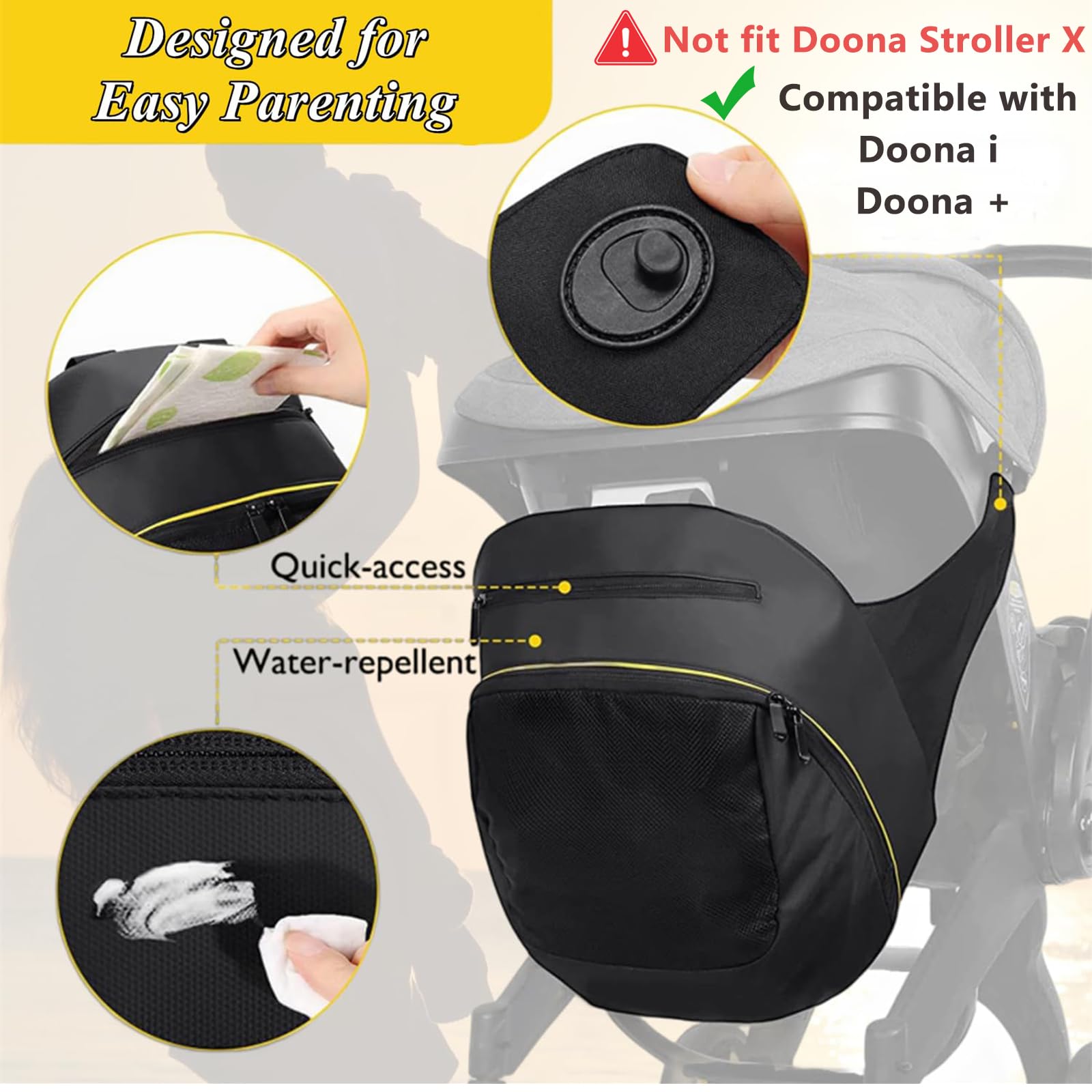 Borsa portaoggetti a clip compatibile con passeggino e seggiolino auto Doona, borsa per pannolini di grande capacità con cerniera antiscivolo, borsa organizer per passeggino zaino indossabile borsa