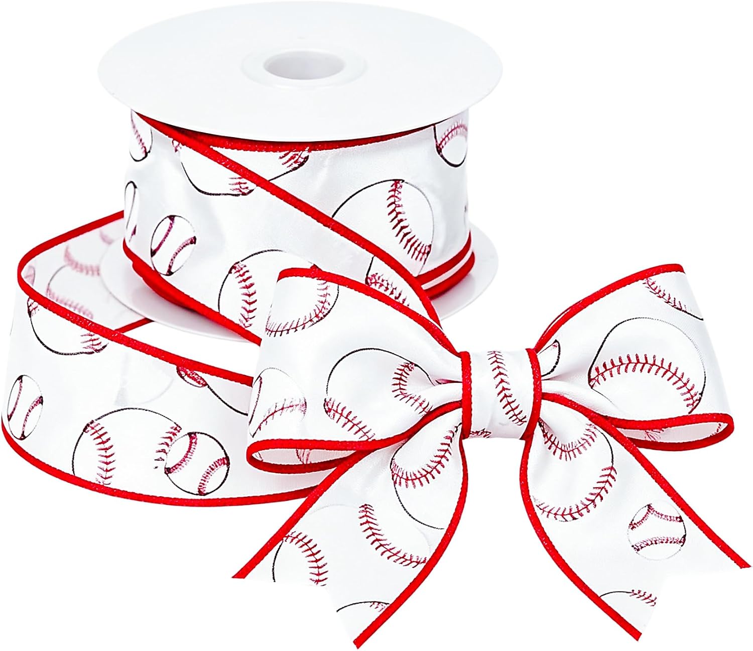 2.5 Inch Baseball Wired Ribbon White Red for Homecoming Mums Gift Wrapping