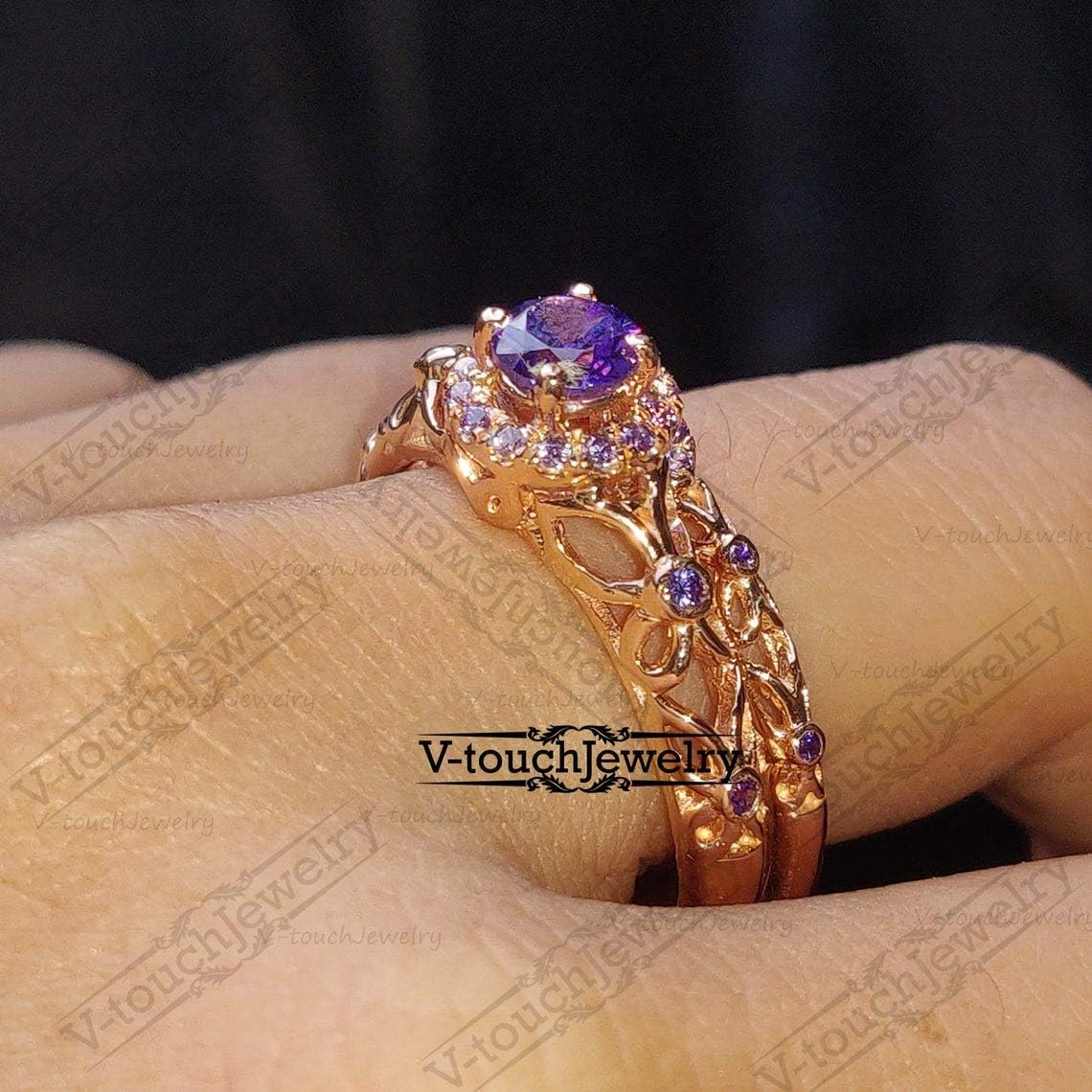 V Touch 14K Rose Gold Plated 925 Sterling Silver Round Cut Purple Amethyst Engagement Wedding Tinkerbell Ring Set for Women's
