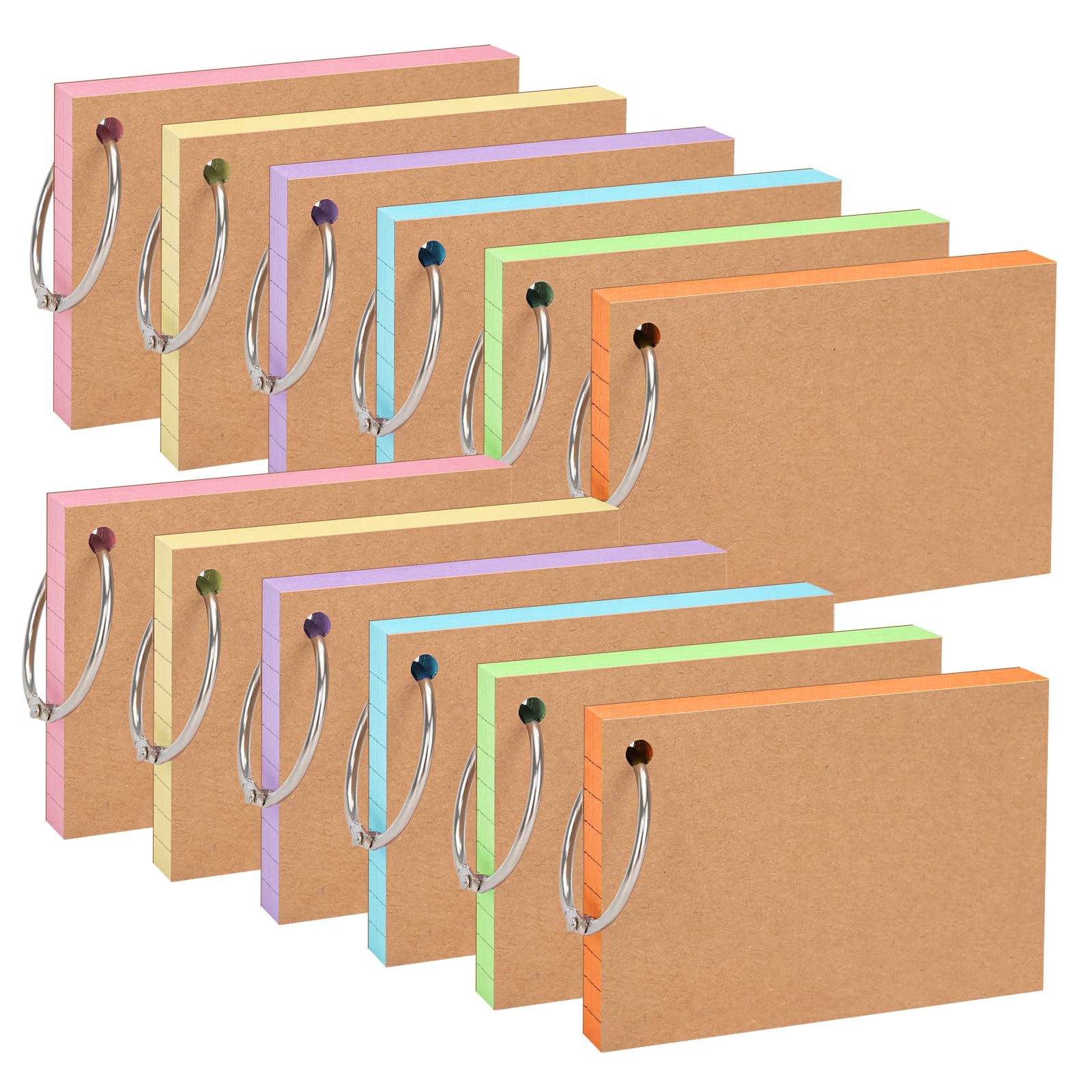 OWLKELA 600Pcs Flash Cards, Index Card 4.13 * 2.91 Inches, 6 Colors, Ruled Revision Card with Kraft Paper and 12 Binder Rings, Study Cards for Office, School, and Home