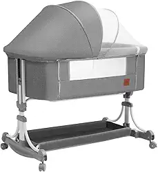 PIPDIP Berço De Balanço Para Bebês, Colchão, Mosquiteiro, Cesto de Armazenamento, Suporta até 50kg, Ergonômico, Tubo De Ferro, Fibra De Poliéster, Cinza.