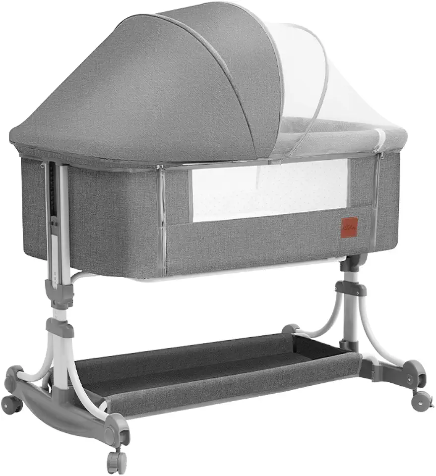 PIPDIP Berço De Balanço Para Bebês, Colchão, Mosquiteiro, Cesto de Armazenamento, Suporta até 50kg, Ergonômico, Tubo De Ferro, Fibra De Poliéster, Cinza.