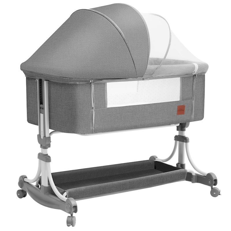 PIPDIP Berço De Balanço Para Bebês, Colchão, Mosquiteiro, Cesto de Armazenamento, Suporta até 50kg, Ergonômico, Tubo De Ferro, Fibra De Poliéster, Cinza.