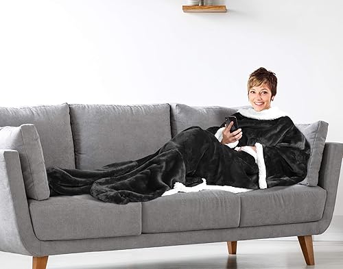 Miniatura 8 de Catalonia Sherpa Wearable Blanket with Sleeves & Foot Pockets for Adult Women Men, Comfy Snuggly Wrap Sleeved Throw Blanket Robe, Gift Idea, Black