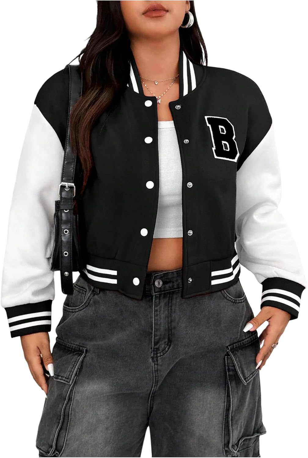SOLY HUX Women's Plus Size Varsity Jacket Letter Graphic Color Block Button Down Long Sleeve Baseball Jacket Outerwear