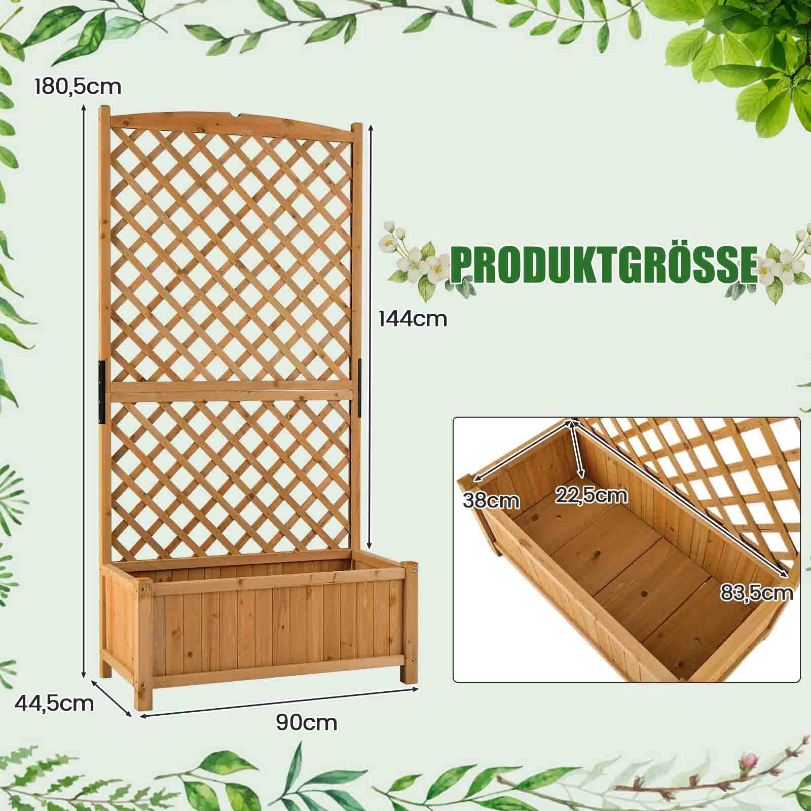 COSTWAY Pergola ze skrzynką na kwiaty z drewna jodłowego, 180 cm, skrzynka na rośliny pnące, podwyższona grządka z kratką dla roślin pnących i otworem drenażowym, donica na kwiaty do ogrodu, na