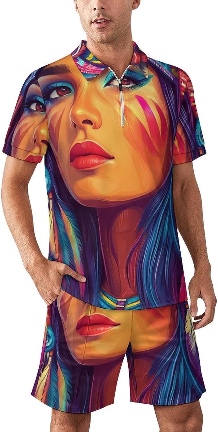 Native Am-erican Indian Woman Mens Polo Shirts Track Suits 2 Piece Short Sleeve Sweatsuit 1/4 Zip Golf Loungewear for Sports