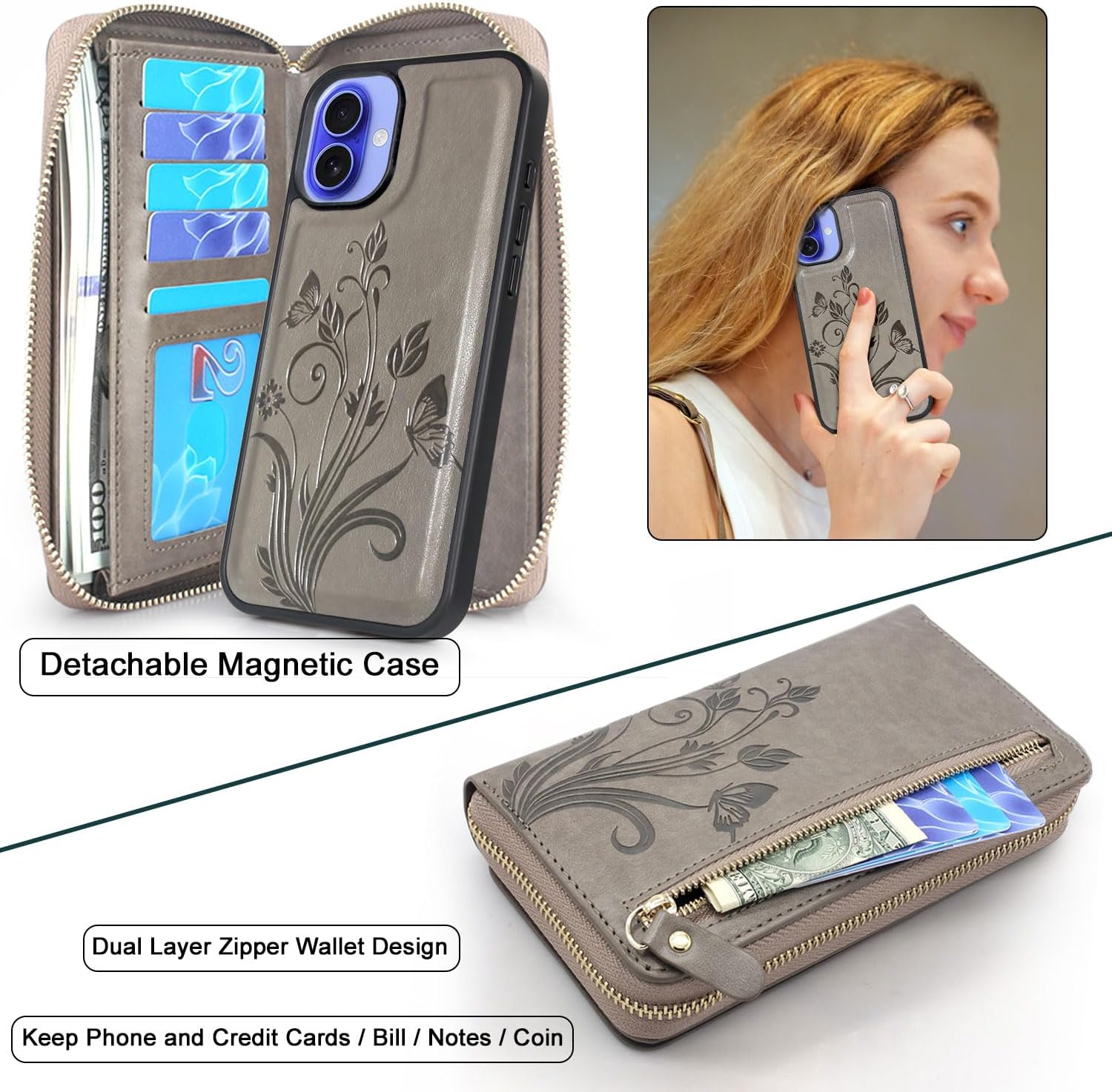 Lacass for iPhone 16 Plus 6.7 inch 2024 Wallet Case, Crossbody Dual Zipper Detachable Magnetic Leather Wallet Case Cover Wristlets Wrist Strap 13 Card Slots Money Pocket (Floral Gray)