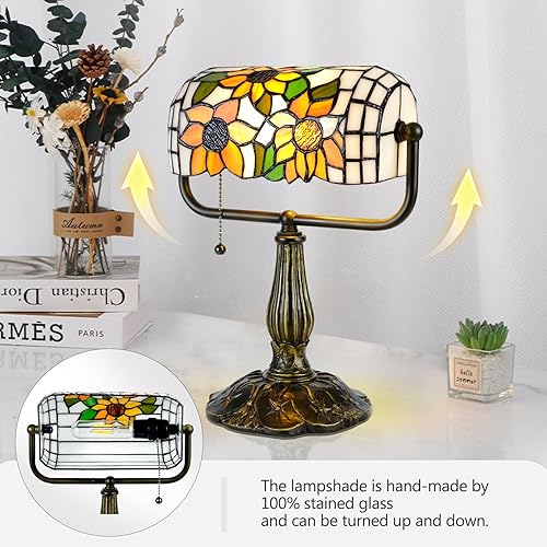Miniatura 2 de Tiffany Bankers - Lámpara de escritorio, luz de piano de cristal de girasol con bombilla LED, lámpara de escritorio estilo Tiffany vintage para