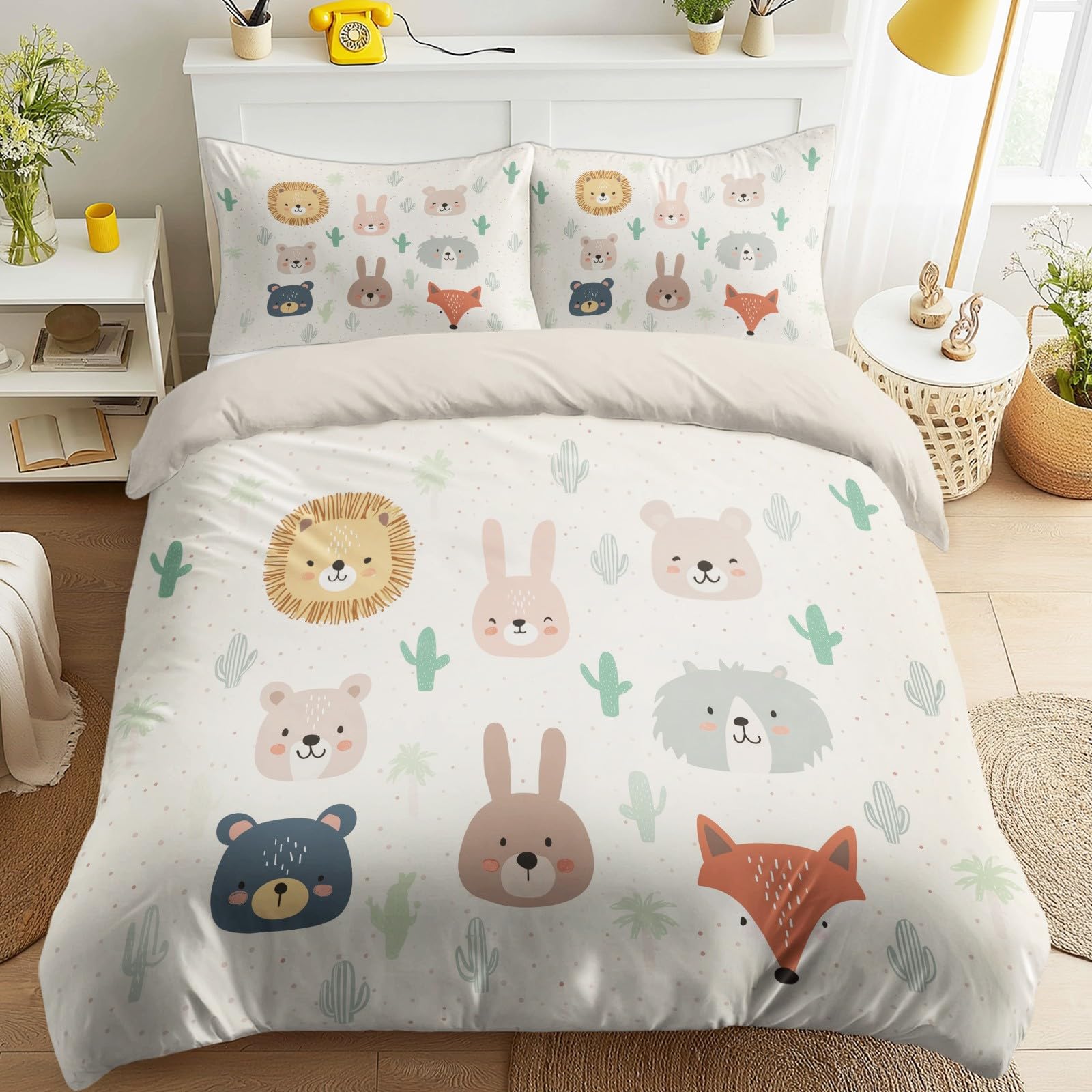 Housse de couette 200x220 anti-glisse lit enfant beige motif ours et lion