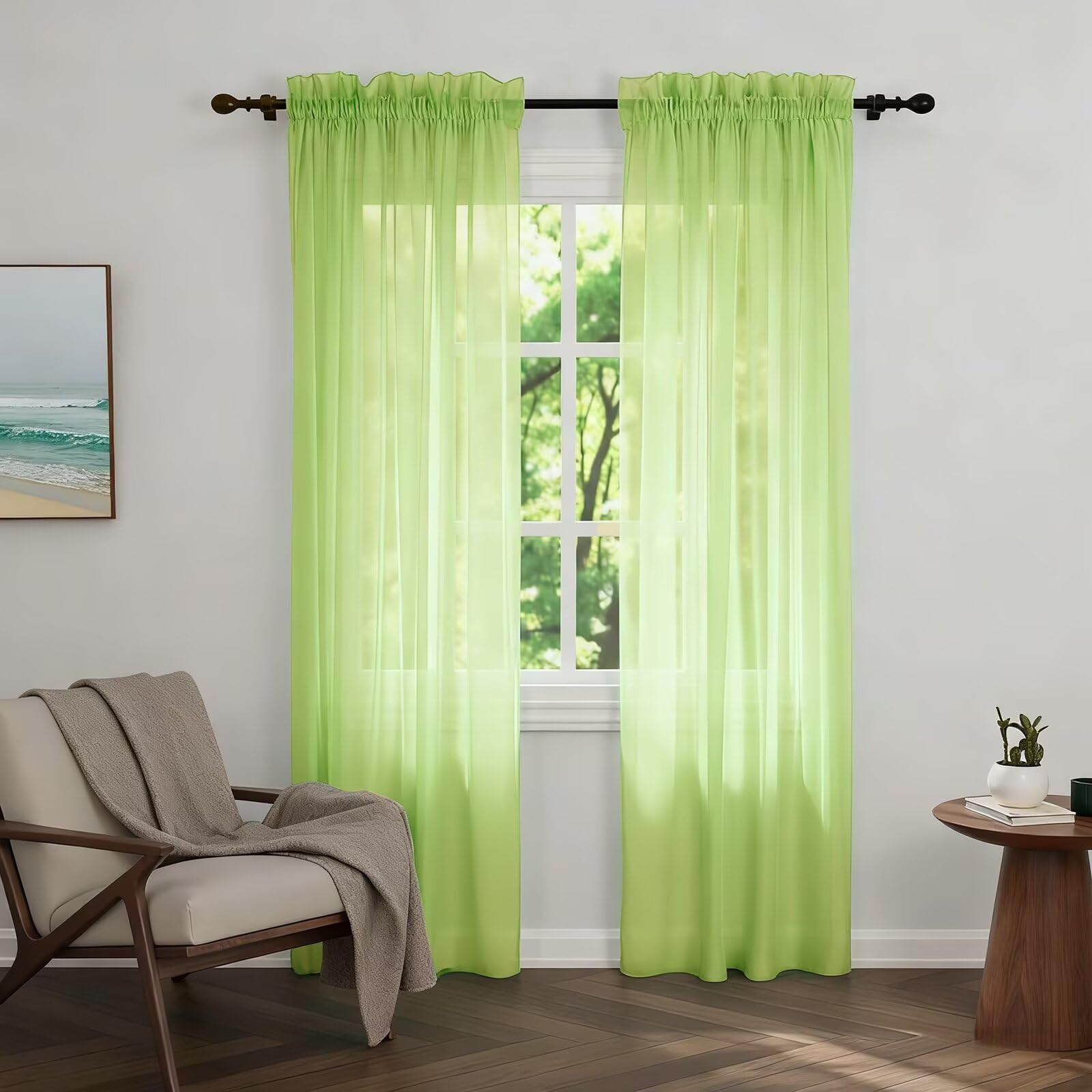 Zdada Net Curtains for Windows 84 Drop, Green Slot Top Voile Curtains, Semi Transparent Sheer Curtain Net Curtain Panel for Living Room Kitcken W60xL84 Inch,2 Panels