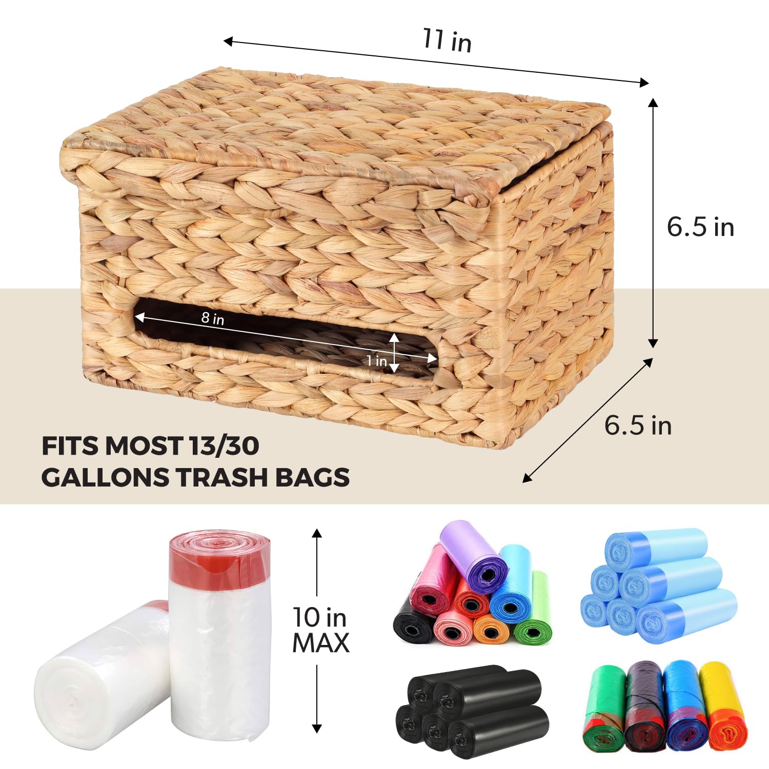 Trash Bag Holder with Scalloped Lid 13–30 Gallon Bags Roll Holder Wall Mount Water Hyacinth Garbage Bag Dispenser for Kitchen, Cabinet (Natural Water Hyacinth)