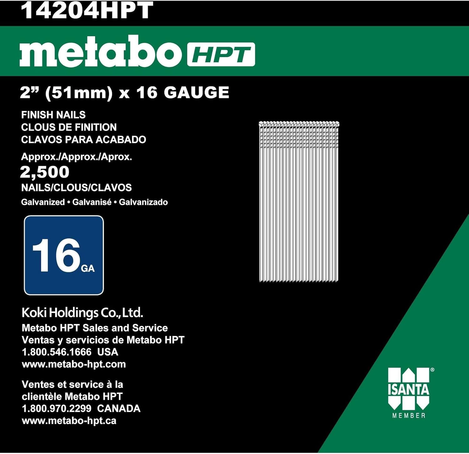 Metabo HPT 14204HPT 2" x 16 Gauge Straight Finish Nails Smooth Bright 2500 count