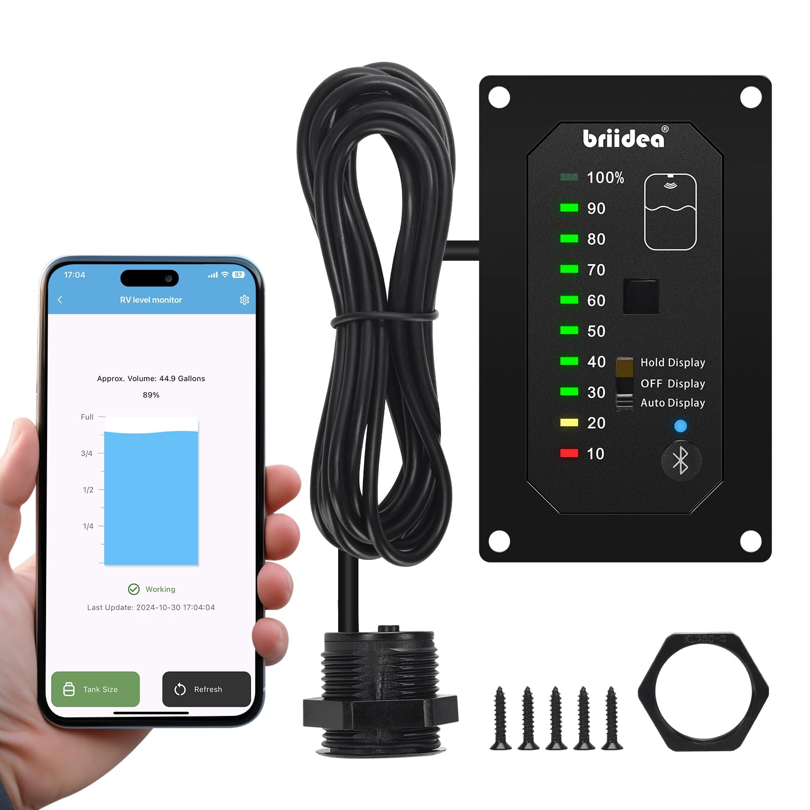 briidea Bluetooth RV Water Tank Level Sensor Monitor Indicator with App &amp; LED Display, Precise Detection, Auto-Sense Modes, Ensures Water Supply for RVs, Boats, Caravans