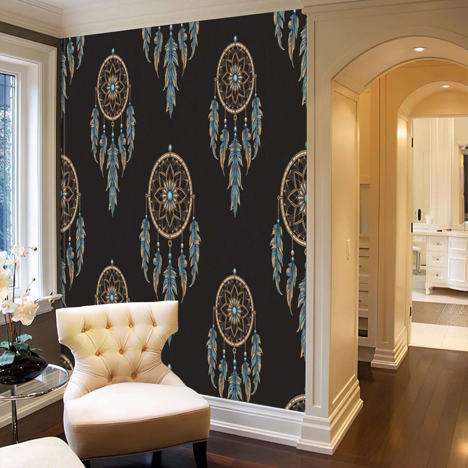 Fototapete Traumfänger Ethnische goldene Luxusfedern Wandtapete Groß Modern Wandbild für Wohnzimmer Schlafzimmer Büro Café 250x175cm(nicht selbstklebend,) Dekorative Tapeten,Non self-adhesive