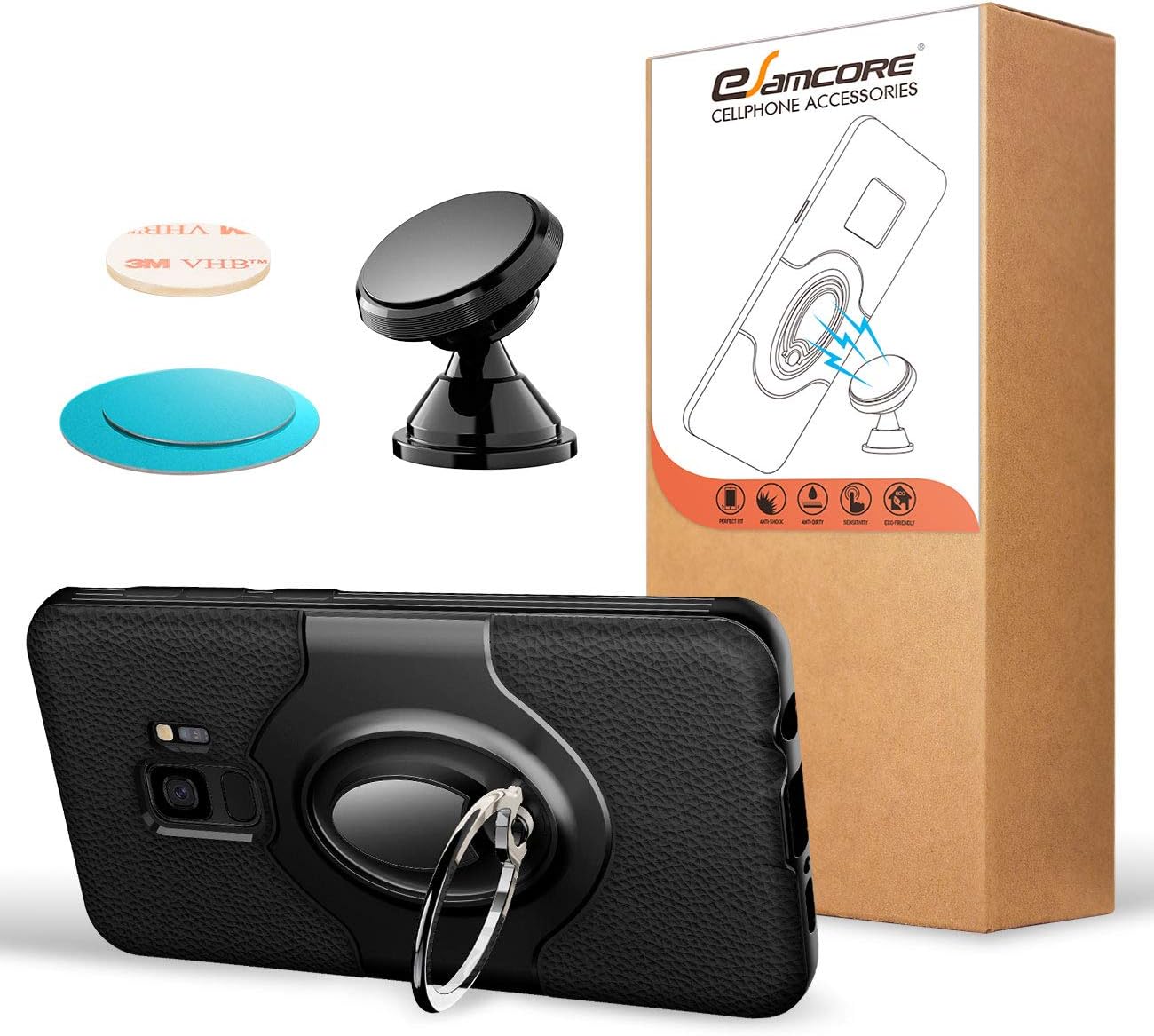 for S9 Case - eSamcore Ring Holder Kickstand Cases + Dashboard Magnetic Phone Car Mount [Black]