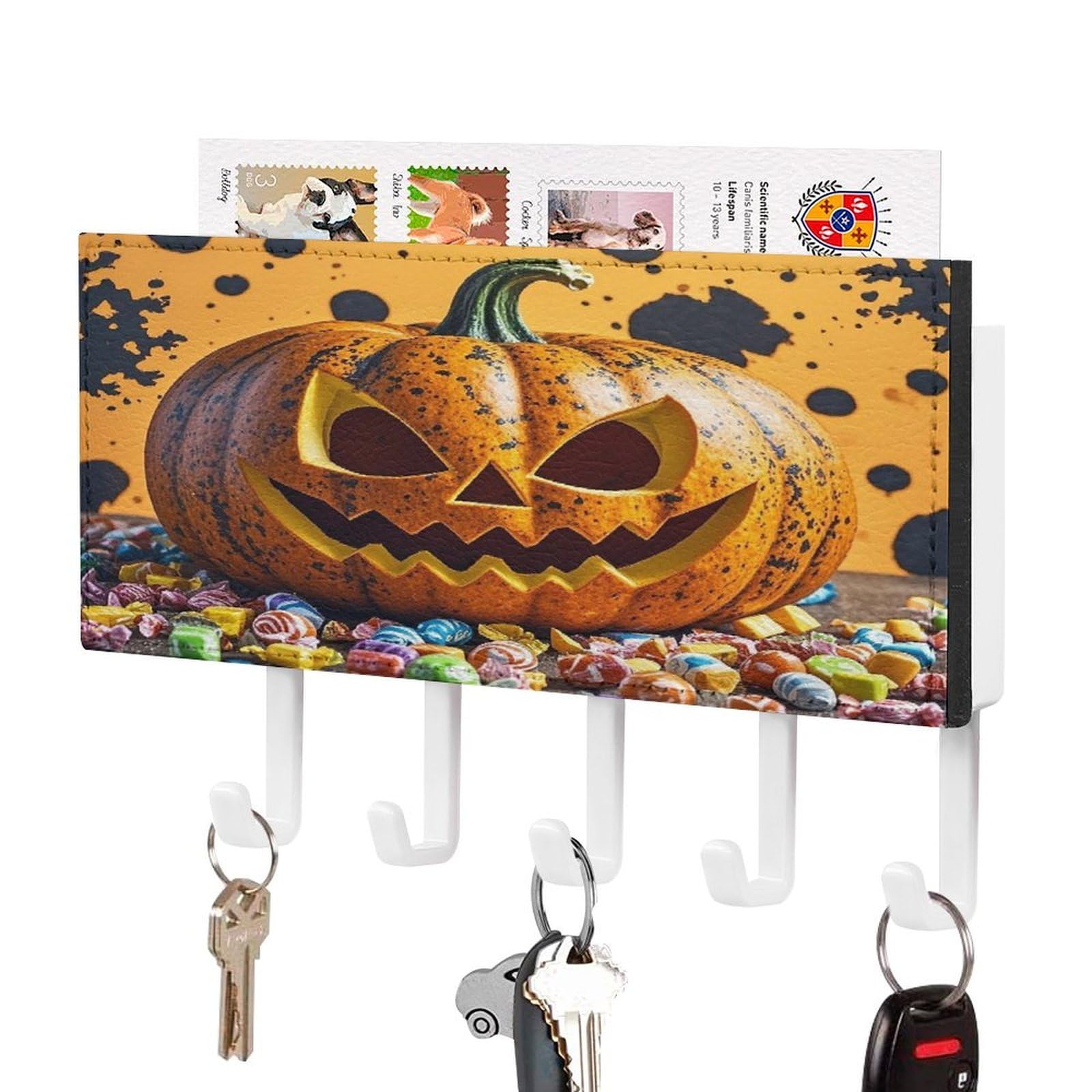 FekiLoot Pumpkins and Candies Key Holder Wall Mount Key Hooks for Wall Decorative with 5 Hooks PU Mail Rack Organizer with Shelf for Entryway Mudroom Hallway Office 7.1X4.3 in