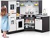 HOMASIS Corner Children's Wooden Play Kitchen with Light Sound & Steam Includes 16 Accessories Toy Kitchen with Sink Stove Oven Microwave Ice Maker Fridge Board Kitchen Play Set for Ages 3