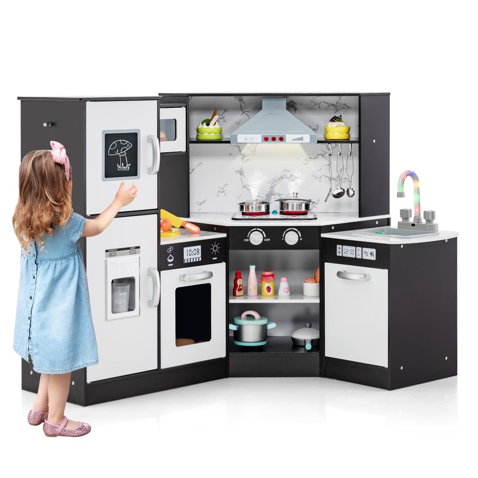 HOMASIS Eck Kinderküche Holz, Spielküche mit Licht, Sound & Dampf, inkl. 16 Zubehör, Spielzeugküche mit Spüle Herd Ofen Mikrowelle Eismaschine Kühlschrank Tafel, Küchenspielset für ab 3 Jahren (Braun)