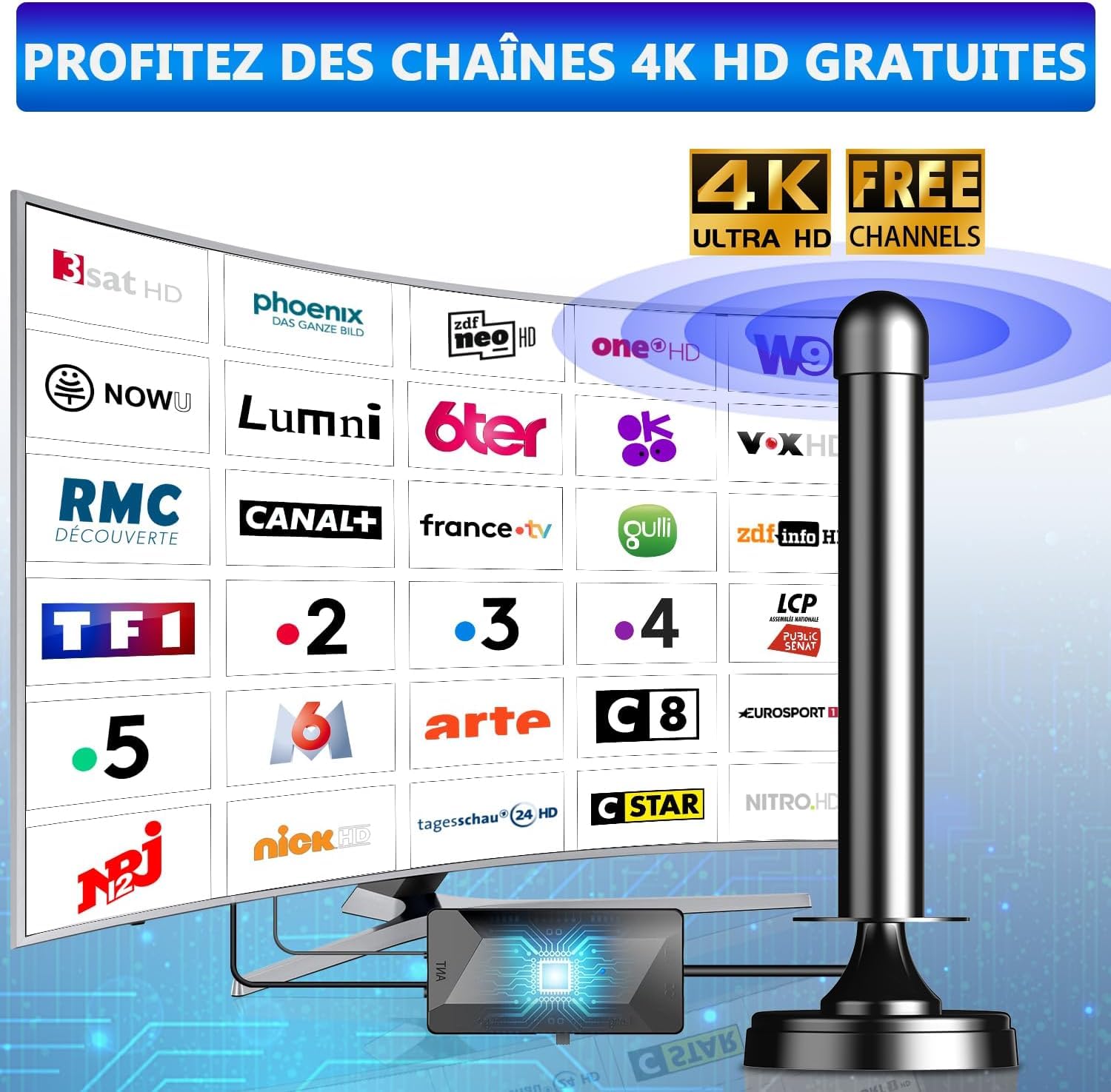 Antenna TV interna potente TNT HD, 2025 più recente Antenna TV interna con amplificatore di segnale ad alto guadagno, ricezione a lungo raggio a 360° con solida base magnetica per,Antenne TNT