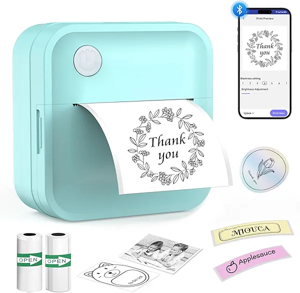 Miouca Label Maker Machine with Tape - Mini Sticker Printer Bluetooth Label Printer for Home Office Organization, Portable Thermal Sticker Maker Print Pod with Multiple Templates for Phone (Green)