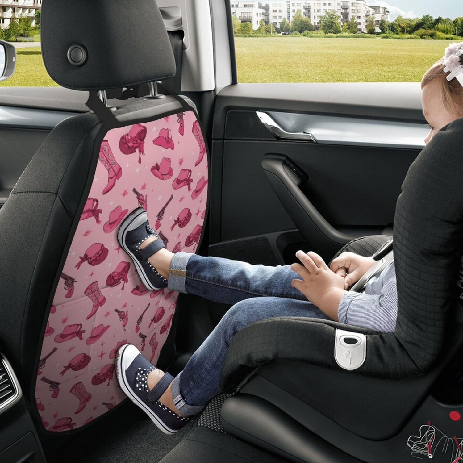 Pink Cowgirl Western Car Seat Back Kick Protector 2 Pack, 18.5x26.4 Inch Anti-Kick Pad, Waterproof Oxford Fabric Large Rear Seat Cover for Kids Pets Fits SUV Jeep Truck Sedan