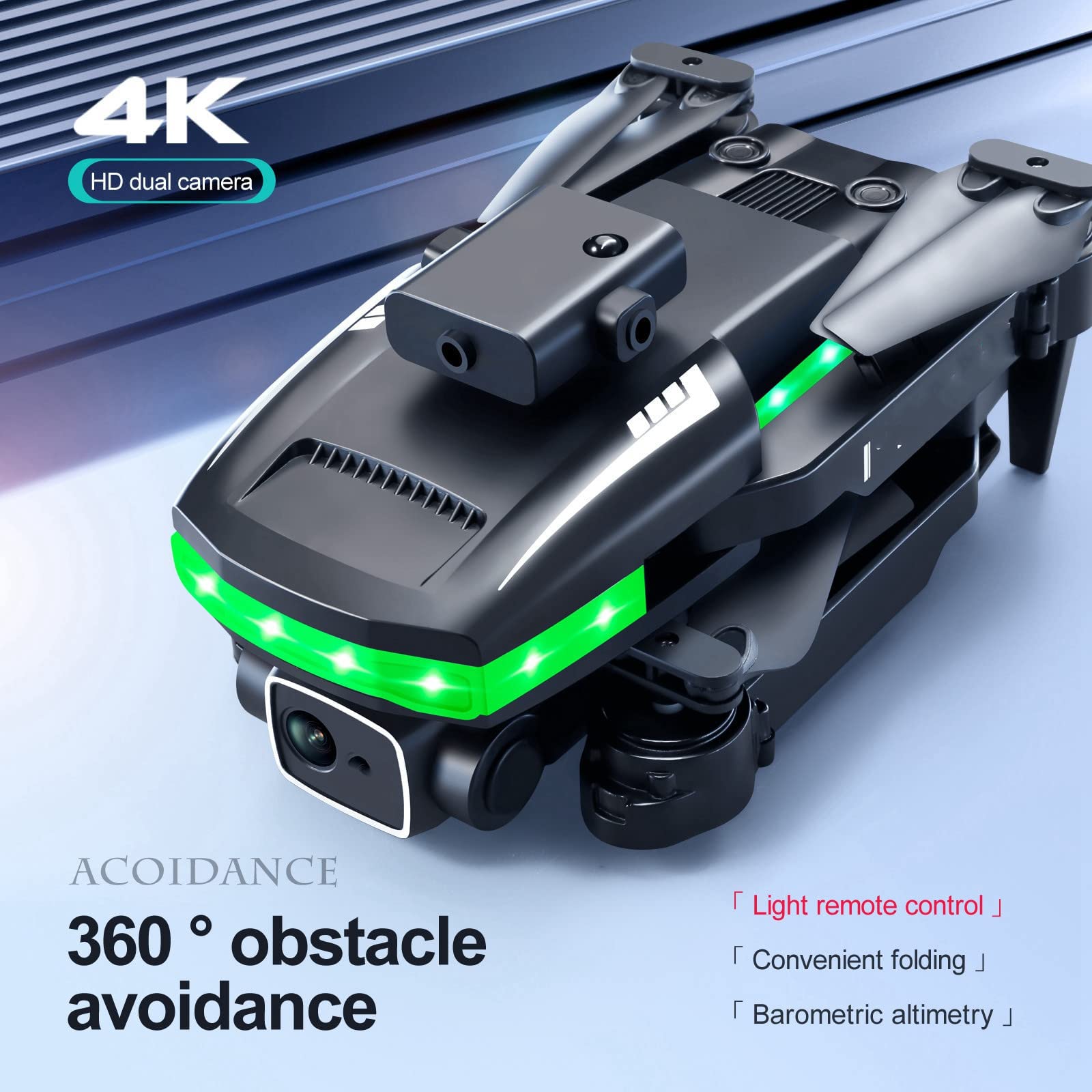 Składany zdalnie sterowany Quadcopter, dron do fotografii lotniczej z podwójną kamerą 4K HD FPV, czterostronne unikanie przeszkód, w pełni migający pasek świetlny LED, dla chłopców i dziewcząt