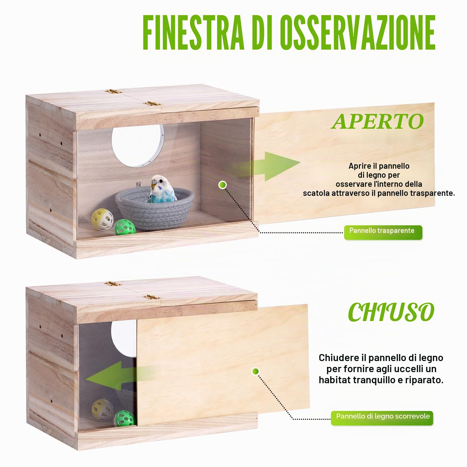 Nido per uccelli in legno per parrocchetti per piccioncini, pappagalli, scatola di accoppiamento per uccelli selvatici, gabbia per pappagallini, calopsitte, cova Coops (L)