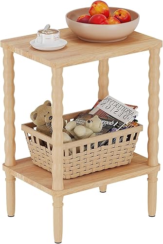 Miniatura 9 de Mesa auxiliar de madera maciza, pequeña mesa auxiliar retro, mesa auxiliar estrecha para sofá con estante de almacenamiento, mesita de noche delgada