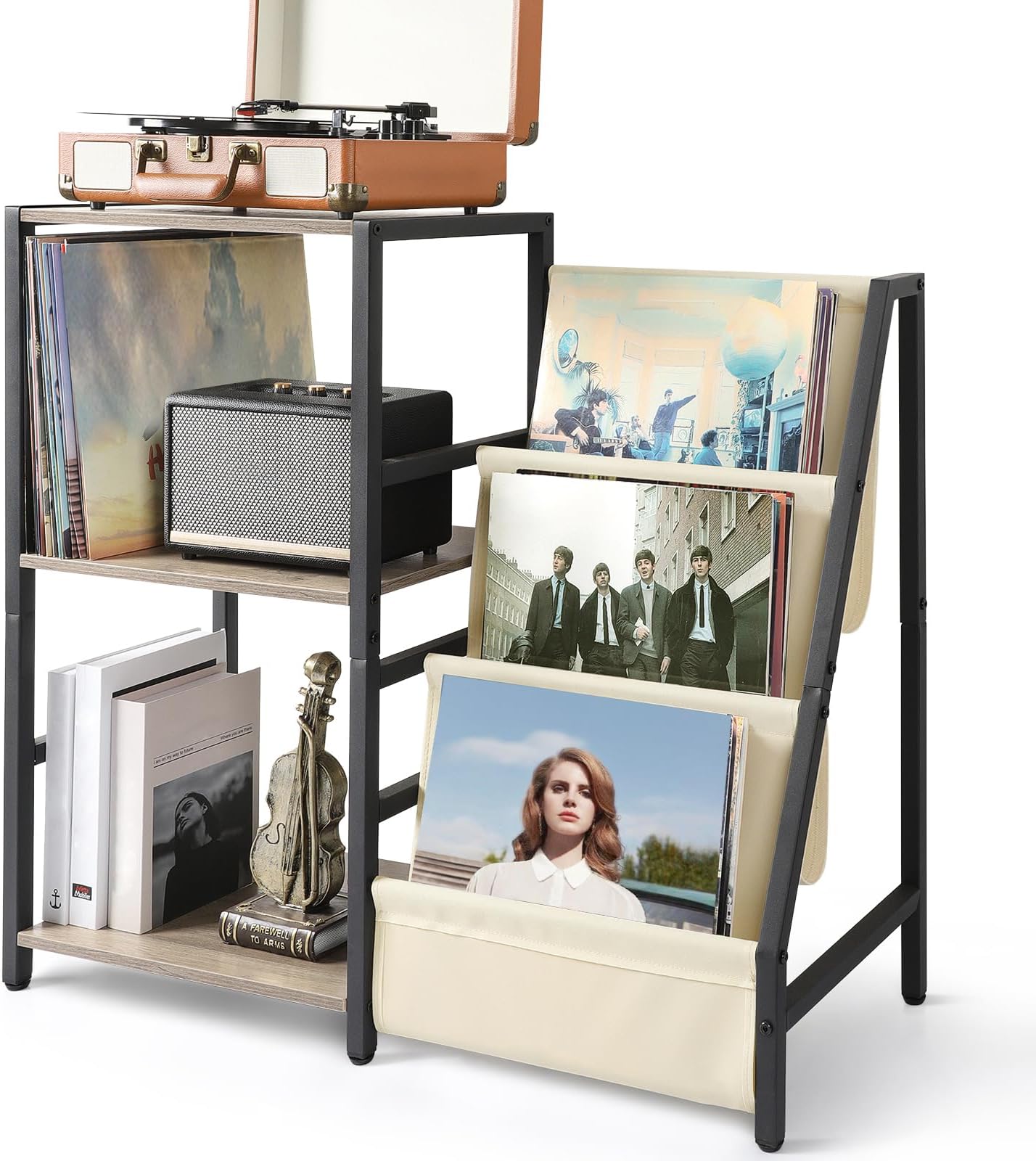 Bikoney Record Player Stand with 3-Tier Vinyl Storage – Turntable Table Holds Up to 200 Albums, Vinyl Record Cabinet for Living Room, Retro Side Table & LP Holder Furniture Unit (White)