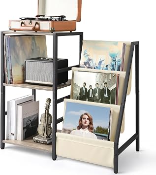 Bikoney Record Player Stand with 3-Tier Vinyl Storage for 200 LPs - White