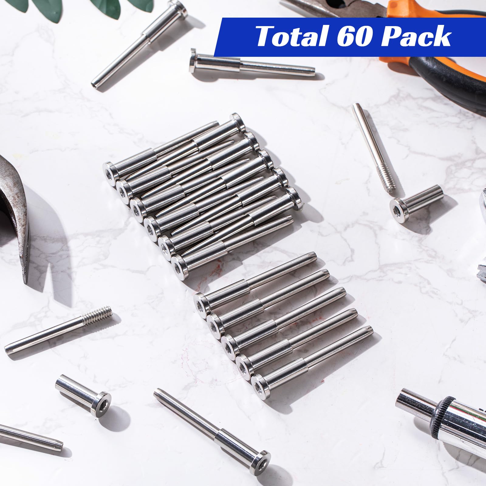 Blulu Kit di 60 cavi invisibili, in acciaio inox T316, ricevitore invisibile da 0,3 cm e estremità a perno a pressare, tenditore da 1/8" per pali in legno/metallo, hardware (argento)
