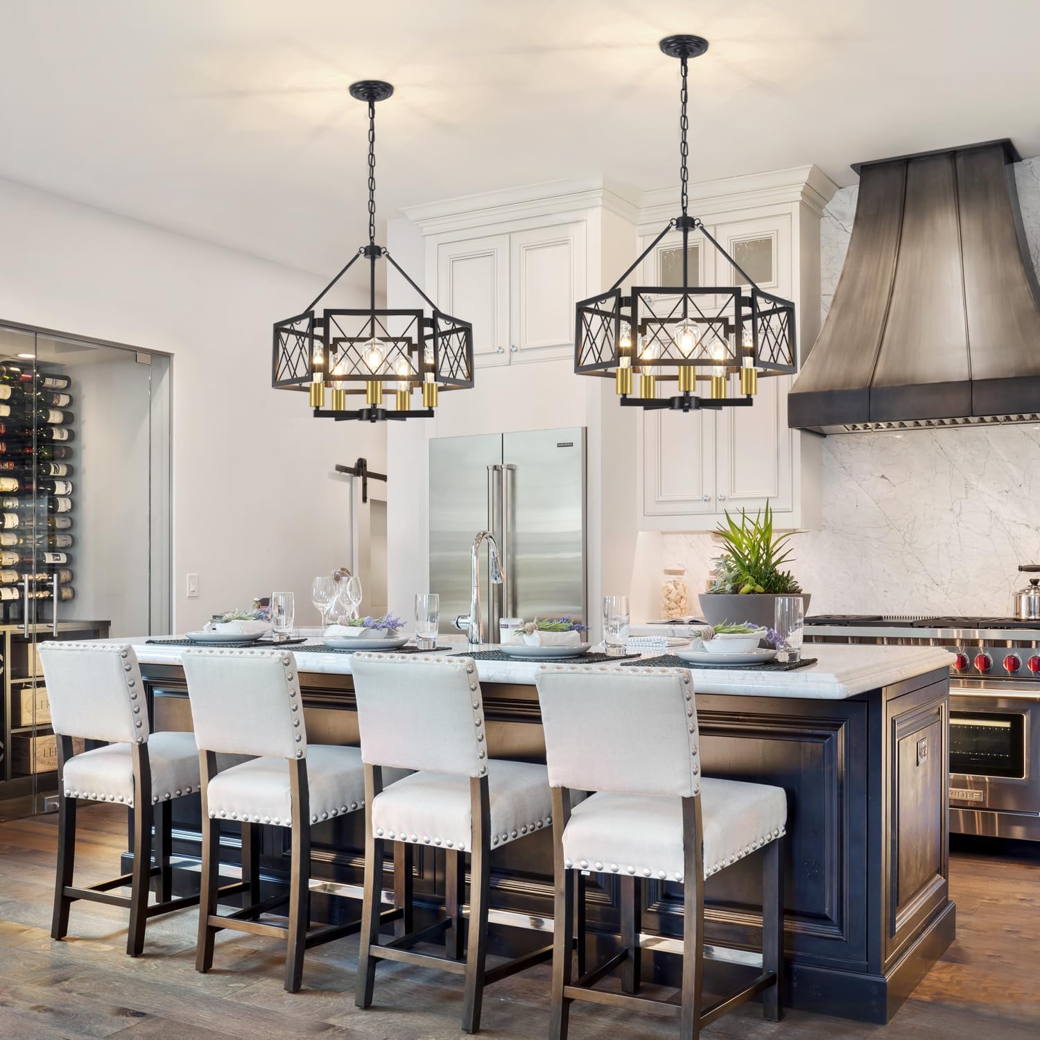 Dining Room Light Fixtures Over Table, 5-Light Modern Farmhouse Foyer Chandeliers for High Ceilings Kitchen Hanging Lights Adjustable Industrial Geometric Chandelier for Entryway Hallway Bedroom