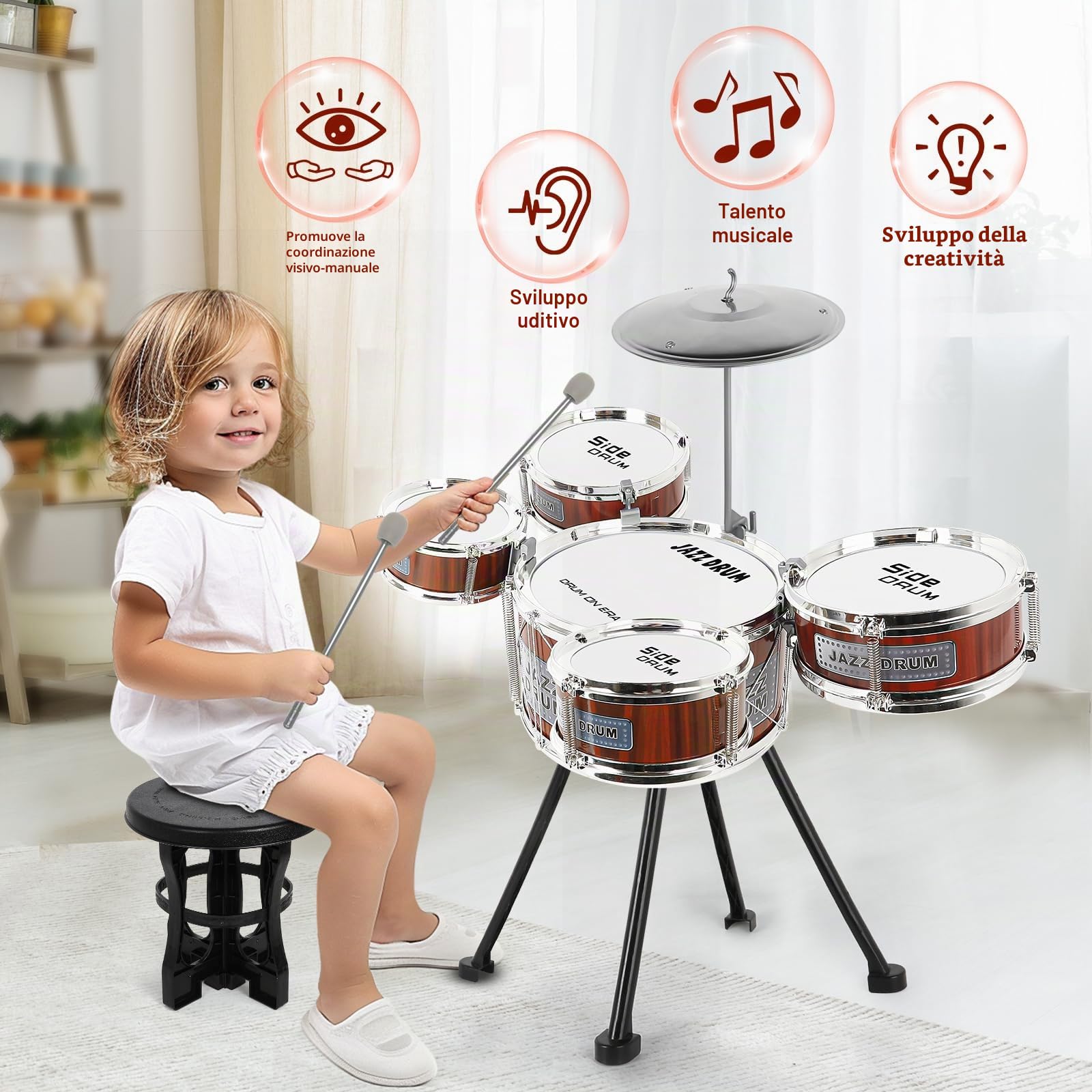 Kit Batteria per Bambini, 5 Tamburi con Sgabello, Strumento Musicale | per Educazione Precoce, Batteria Musicale Bambini Junior Drum Set Regalo 1 2 3 4 anni Ragazze Ragazzi