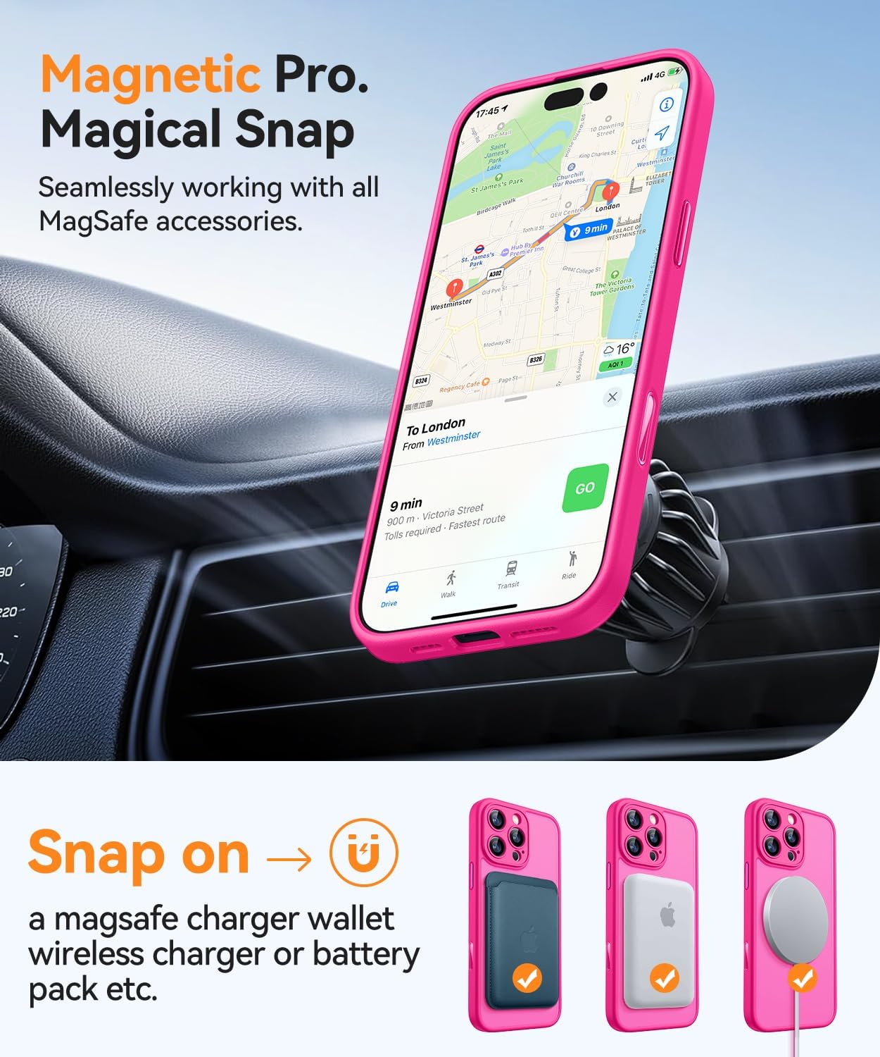 CANSHN 360° Spin Magnetic Stand for iPhone 16 Pro Max Case with Camera Control [Full Camera Protection] [Compatible with Magsafe] Translucent Matte Shockproof Protective Phone Cover 6.9 - Hot Pink