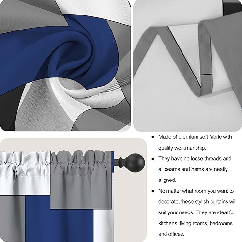 Miniatura 5 de Juego de cortinas de ventana de nivel y festón azul marino, juego de 3 cenefas de arte geométrico de cocina, bolsillo para barra gris para ventana