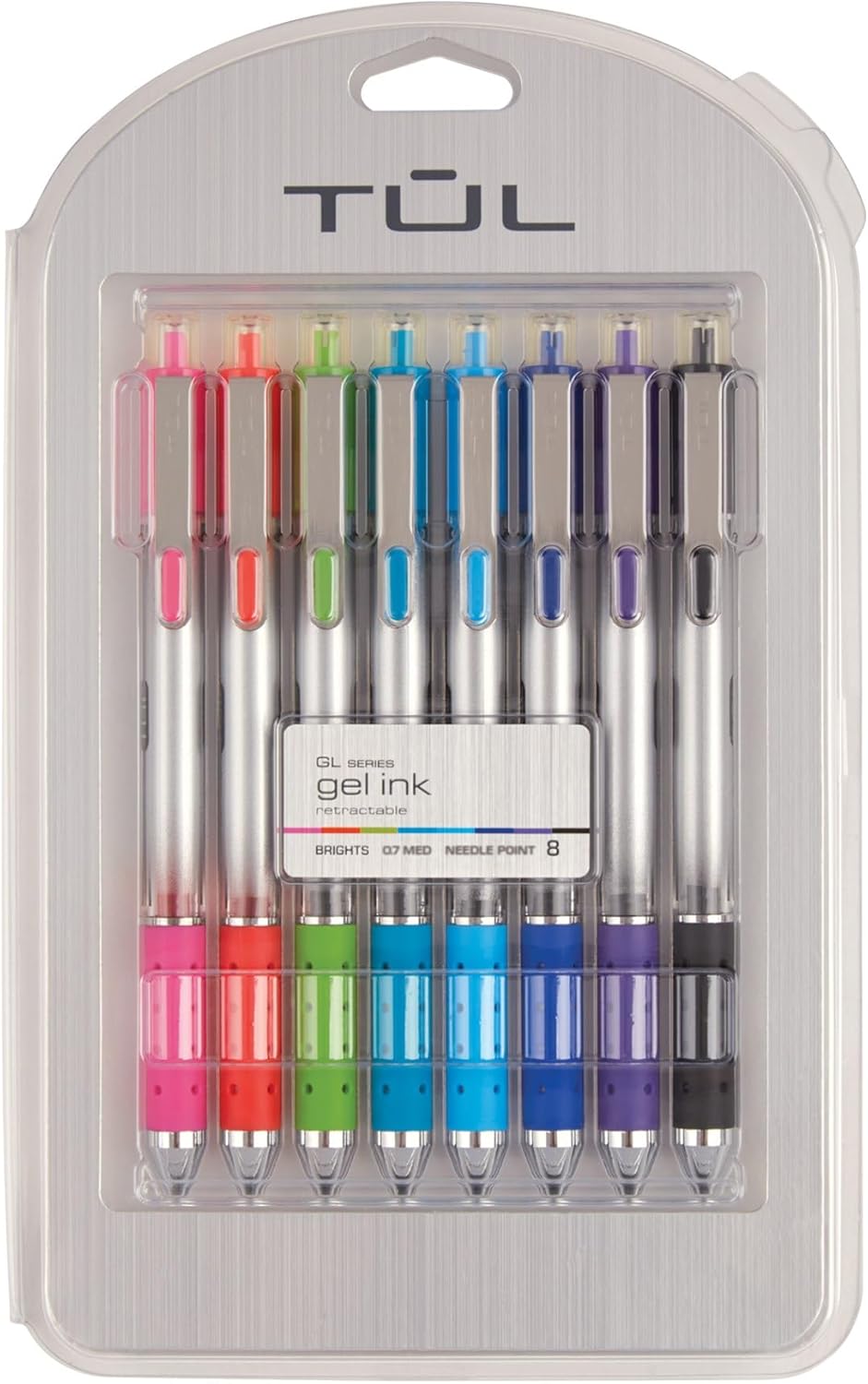TUL Retractable Gel Pens, Needle Point, 0.7 mm, Gray Barrel, Assorted Bright Ink Colors, Pack Of 8