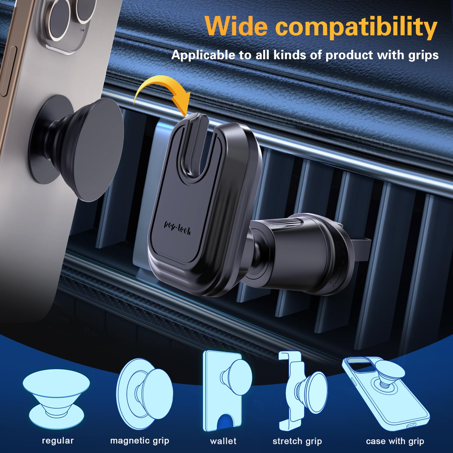 pop-tech Soporte de teléfono para rejilla de ventilación de coche para agarre de enchufe, soporte para teléfono compatible con cartera Magsafe negro y soporte para tarjetas Samsung iPhone 16, soporte