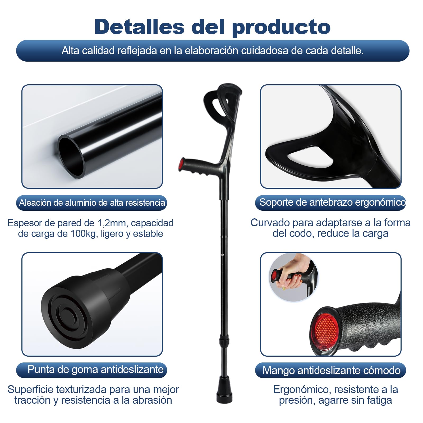 Muletas de antebrazo para Adultos Plegables (Paquete de 2), Ajustables en Altura, de aleación de Aluminio Ligero, Antideslizantes, Bastones de Ayuda para Caminar, Mango ergonómico con Agarre cómodo