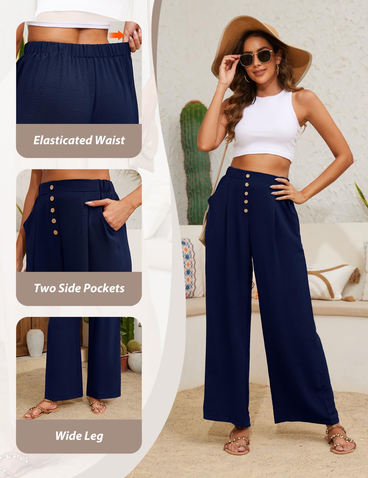 TOMEEK Pantalon Fluide Femme Eté Large Taille Haute Femme Chic et Elegant avec Poches Large Casual Décontractée Léger Ample Pants