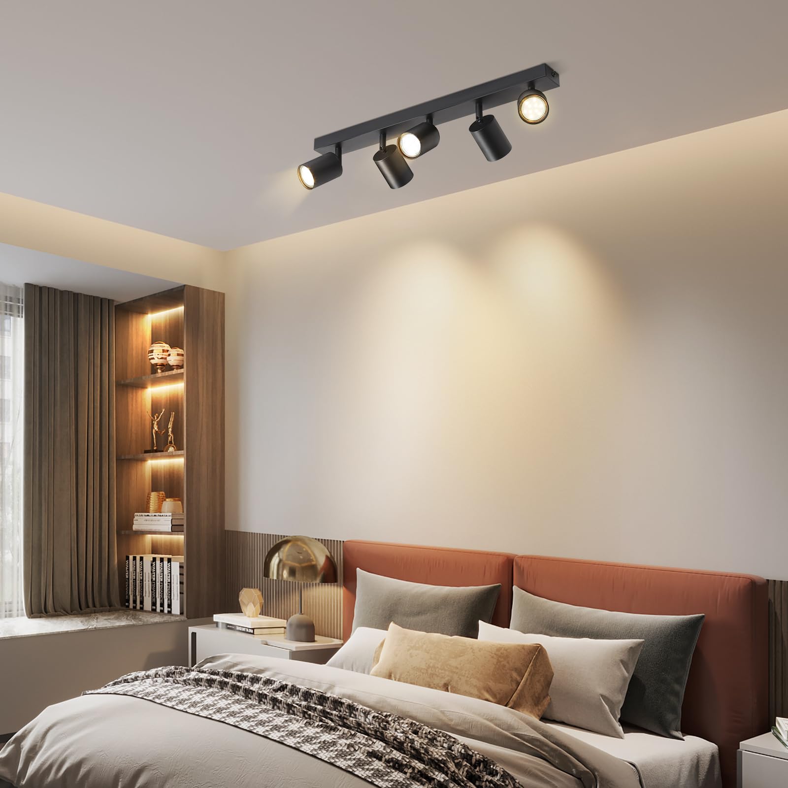 Homefire Lampa sufitowa LED, czarna, 5 płomieni, GU10, reflektor sufitowy, obrotowy o 350°, przemysłowy reflektor sufitowy, do salonu, kuchni, sypialni, bez żarówki