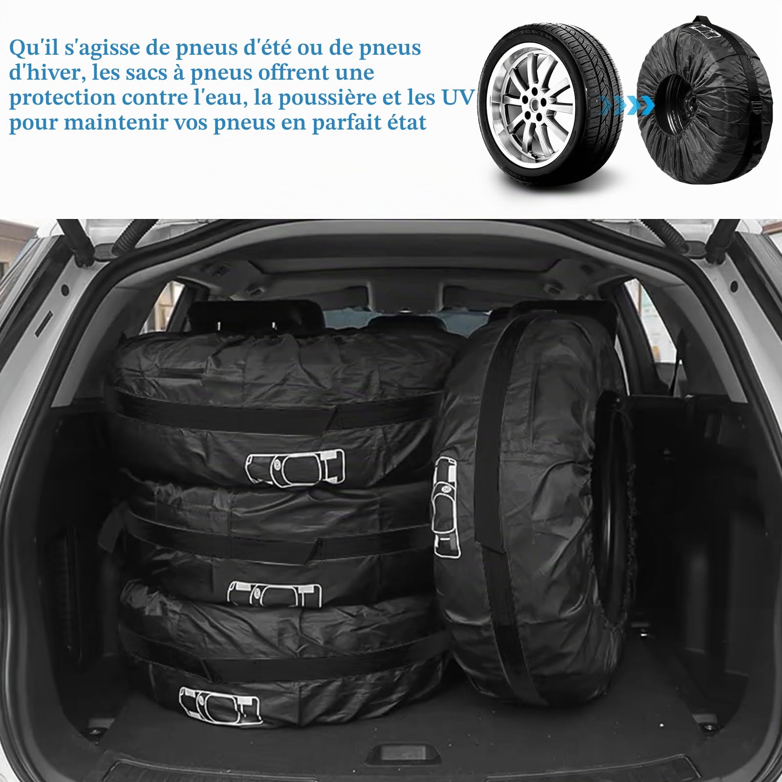 Lot de 4 sacs à pneus de 19-23 pouces - Housse de protection pour pneus étanche à l'eau et à la poussière - Pour le stockage, le transport, la protection solaire et le nettoyage - Noir